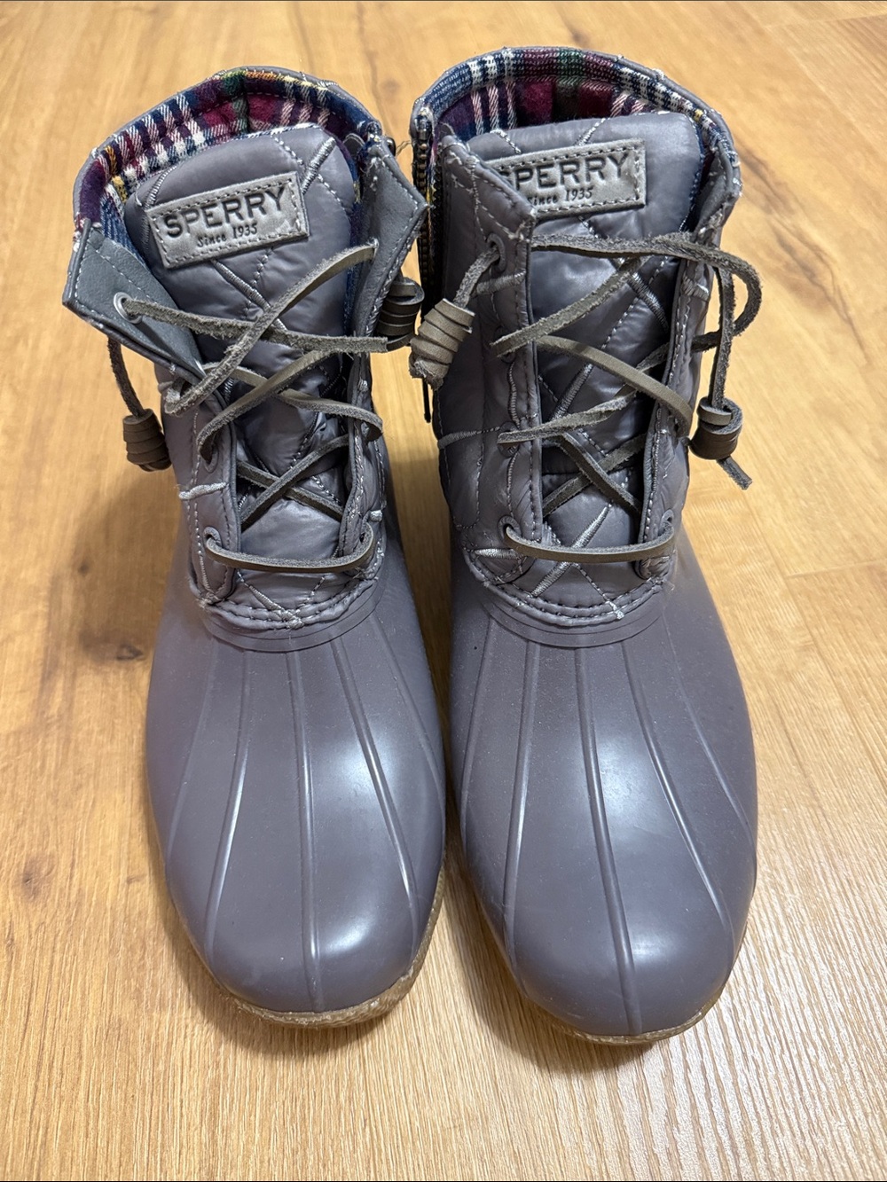 Sperry Gray Women's Waterproof Duck Boots with Plaid Lining